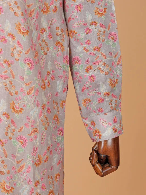 Printed grey cotton kurta for men