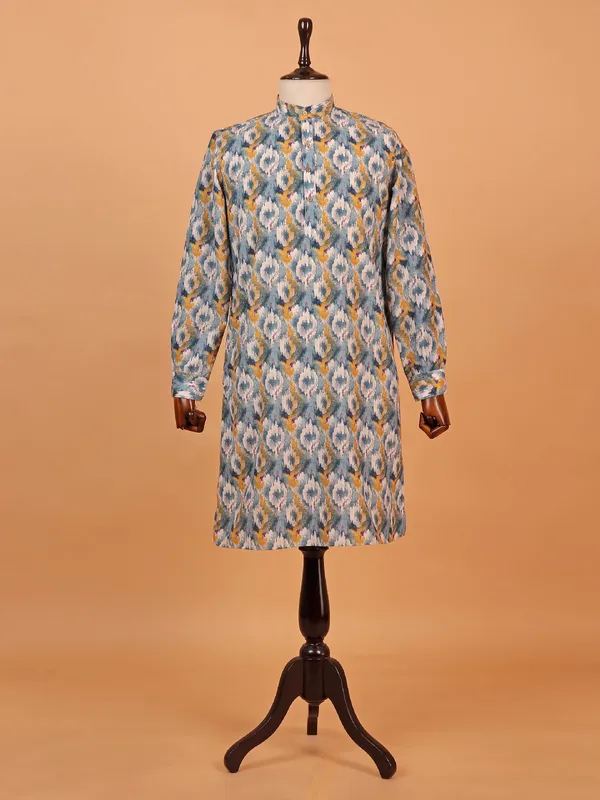 Printed grey cotton silk kurta set for men