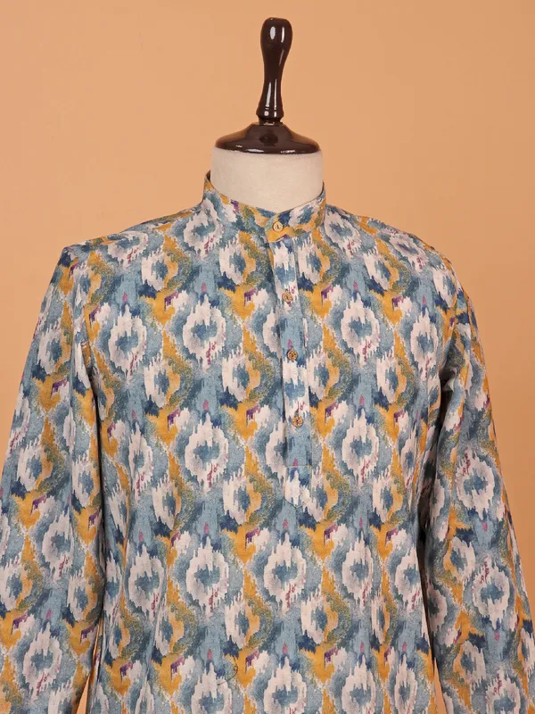 Printed grey cotton silk kurta set for men
