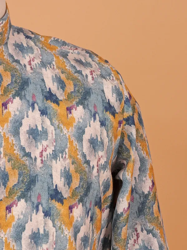 Printed grey cotton silk kurta set for men