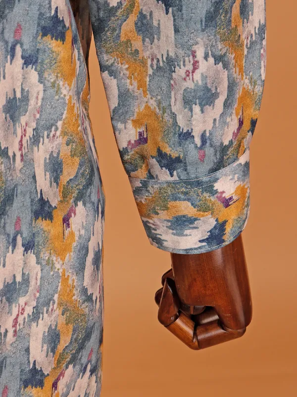 Printed grey cotton silk kurta set for men