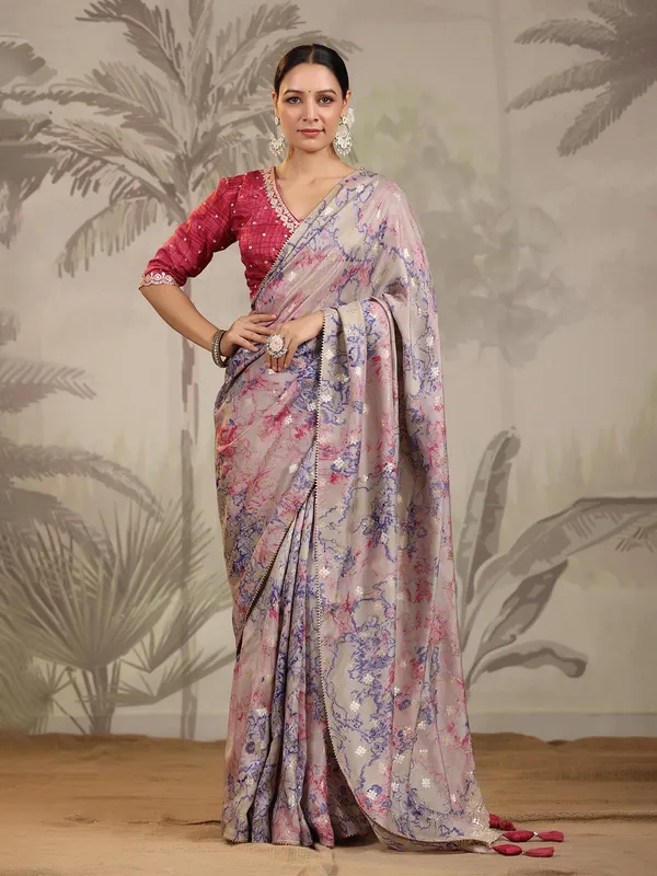 Printed grey silk saree