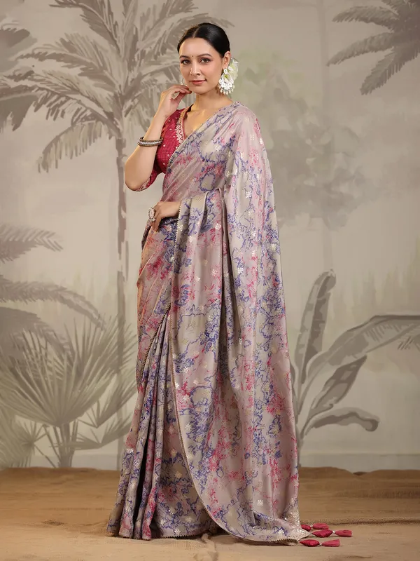 Printed grey silk saree