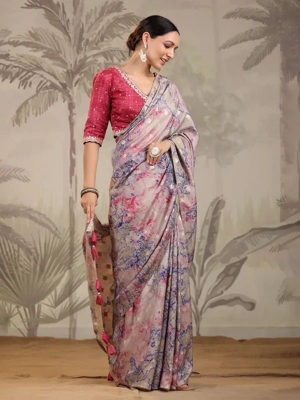 Printed grey silk saree