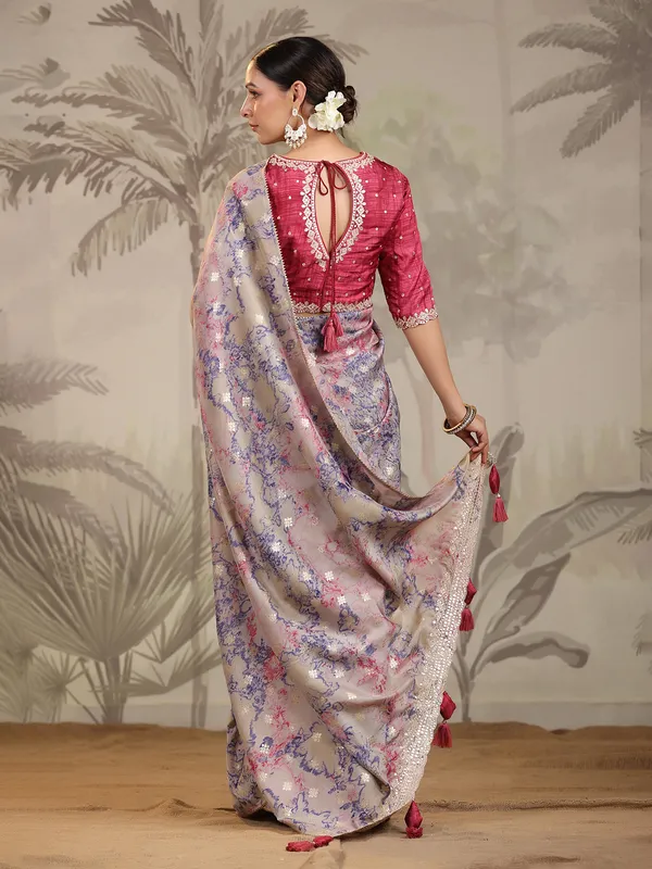 Printed grey silk saree