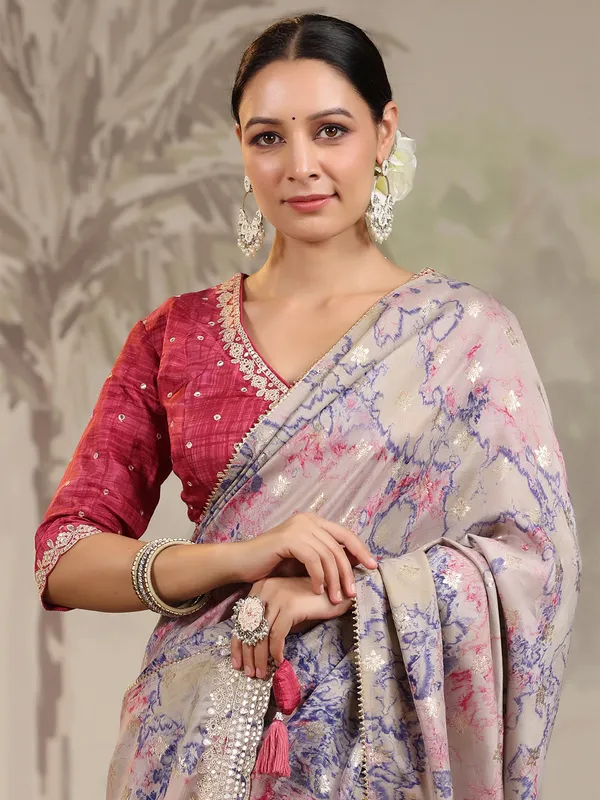 Printed grey silk saree