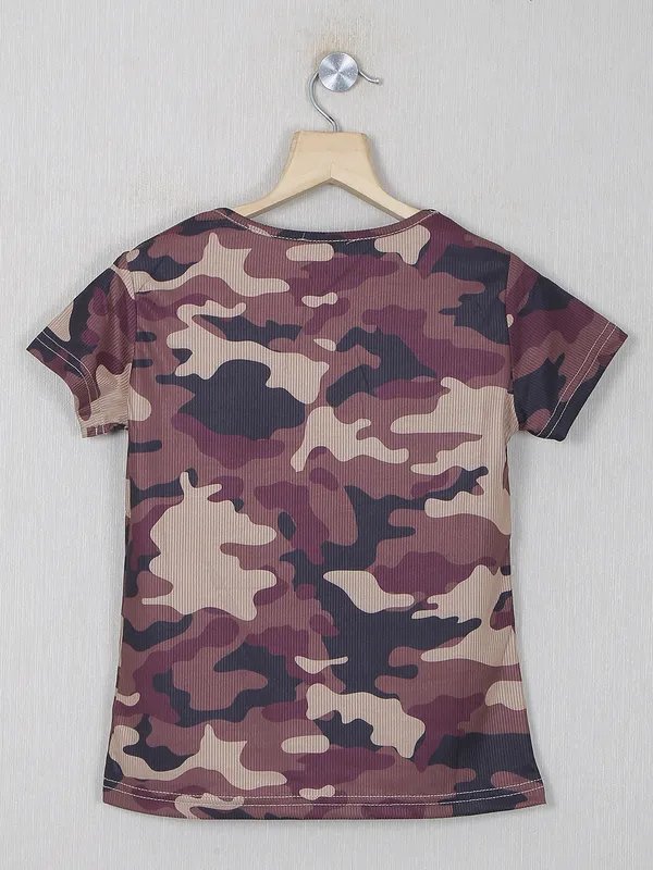 Printed khaki top for girls in knitted fabric