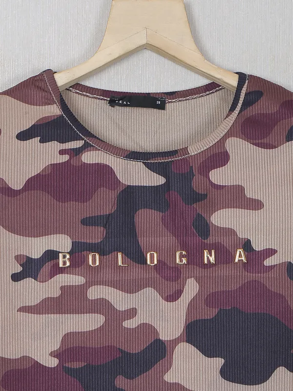 Printed khaki top for girls in knitted fabric