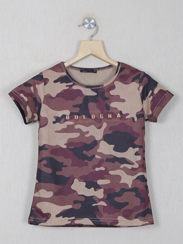 Printed khaki top for girls in knitted fabric