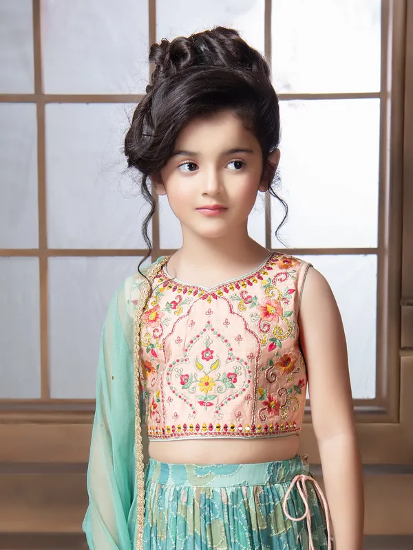 Printed lehenga choli in peach and blue