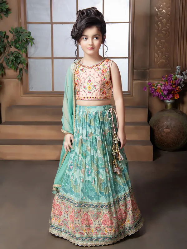 Printed lehenga choli in peach and blue