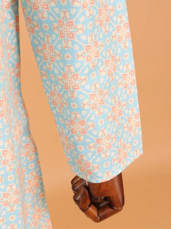 Printed light blue cotton kurta suit for men