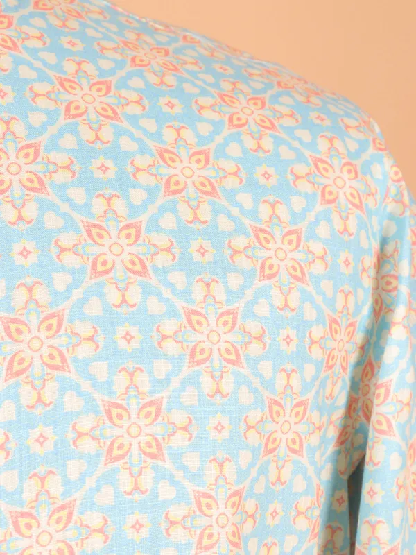 Printed light blue cotton kurta suit for men