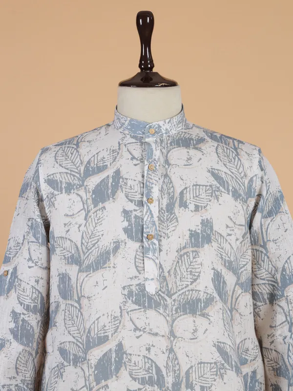 Printed light grey cotton kurta set for men