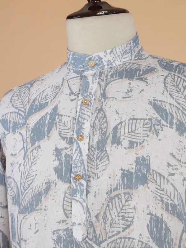 Printed light grey cotton kurta set for men