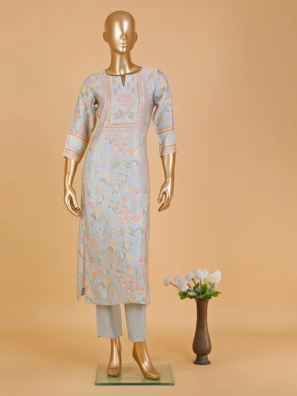 Printed light grey silk kurti set