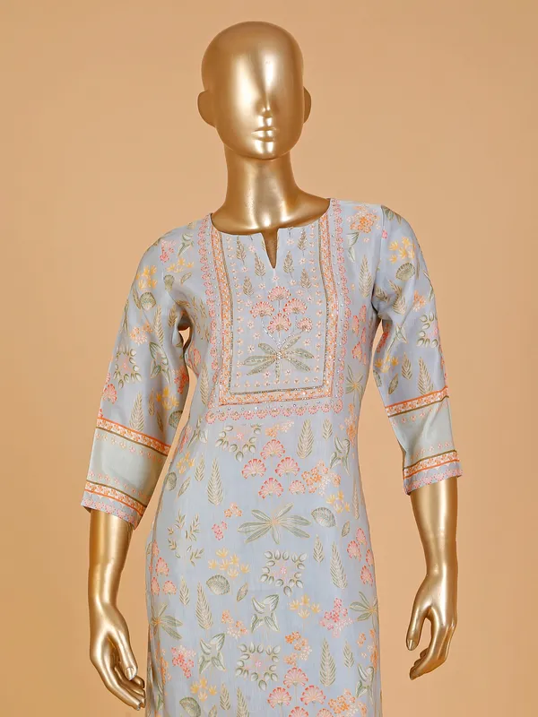 Printed light grey silk kurti set