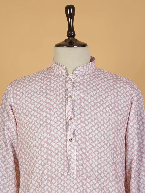 Printed light pink  Men Kurta pajama in cotton
