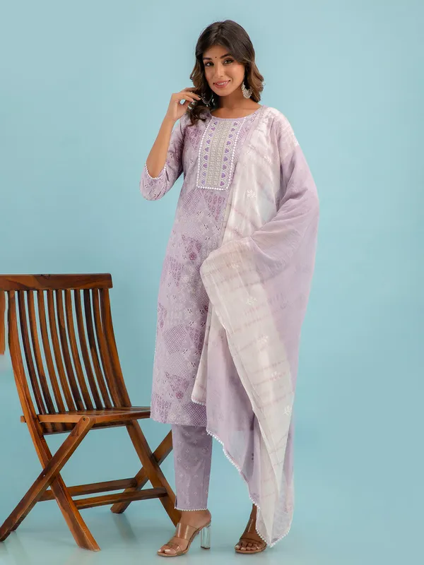 Printed light purple cotton kurti set