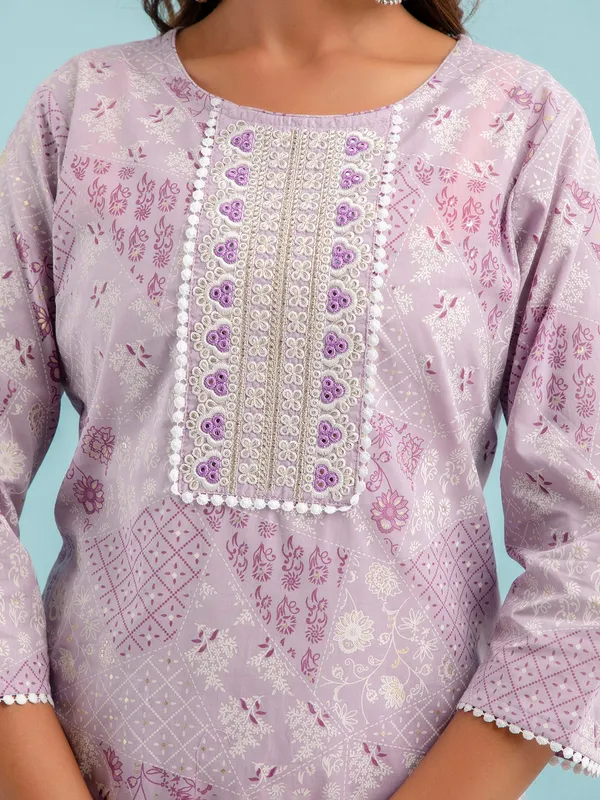 Printed light purple cotton kurti set