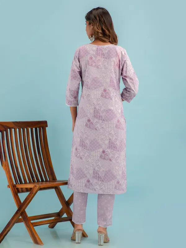 Printed light purple cotton kurti set