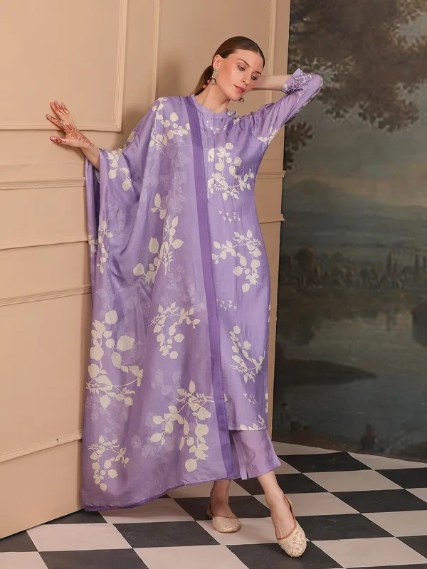 Printed lilac purple silk kurti set