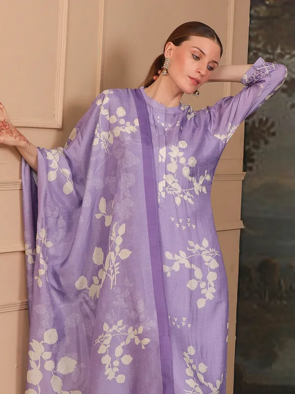 Printed lilac purple silk kurti set