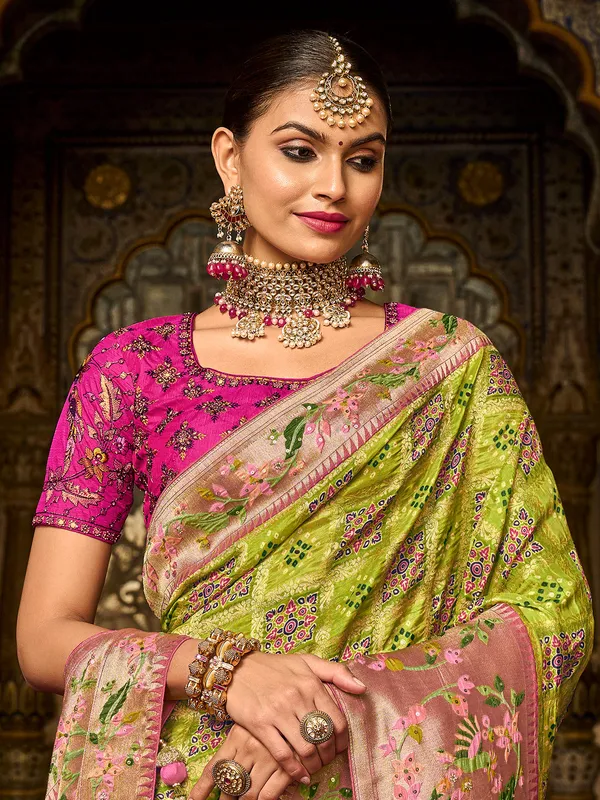 Printed lime green dola silk saree for wedding wear