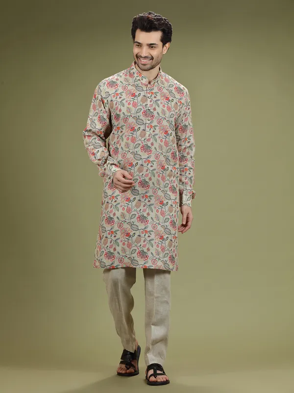 Printed linen beige  Men Kurta pajama