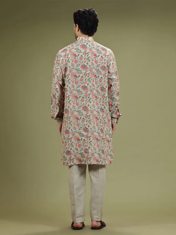 Printed linen beige  Men Kurta pajama