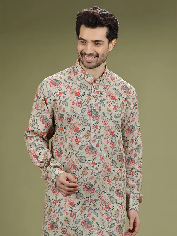 Printed linen beige kurta suit