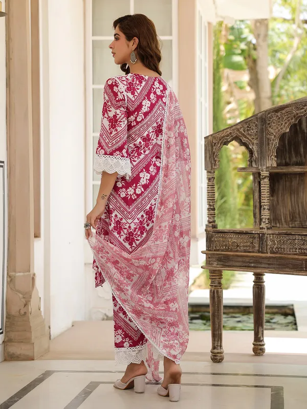 Printed magenta cotton kurti set
