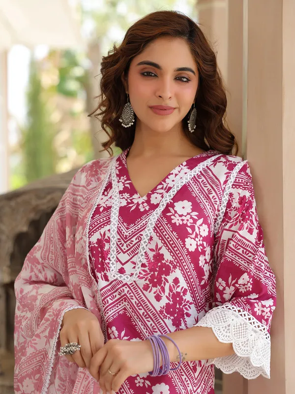 Printed magenta cotton kurti set