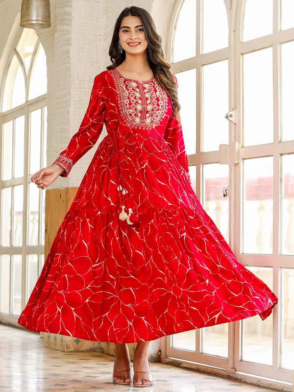 Printed red cotton long kurti