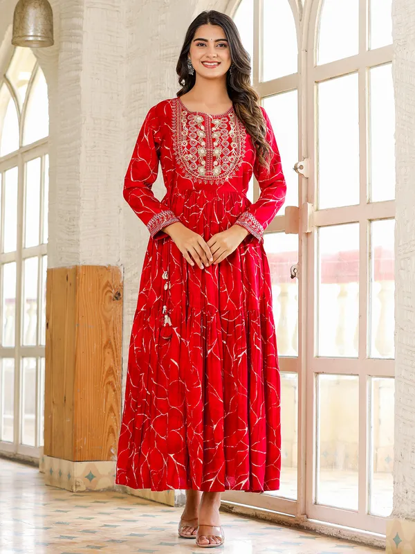 Printed red cotton long kurti