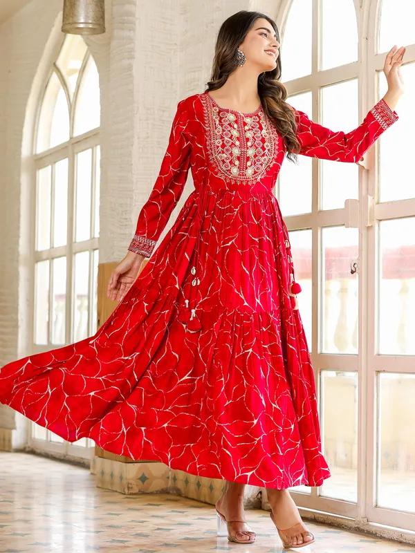 Printed red cotton long kurti