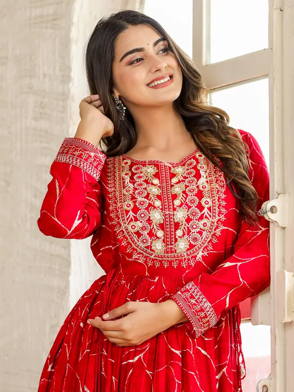 Printed red cotton long kurti