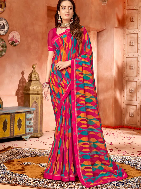 Printed magenta georgette saree