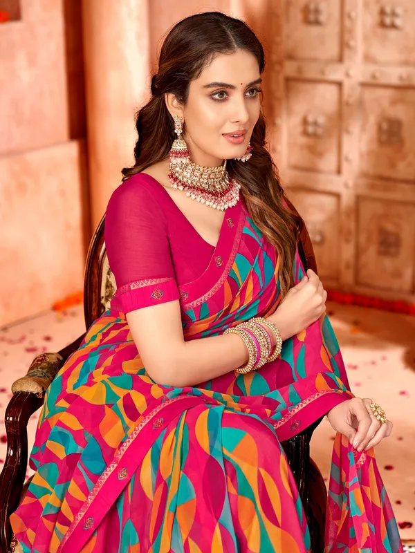 Printed magenta georgette saree