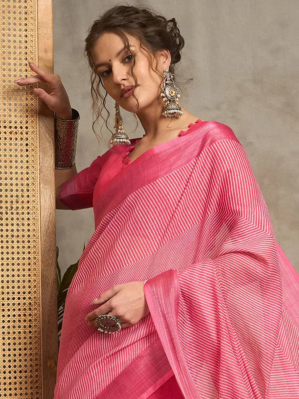 Printed magenta pure linen saree