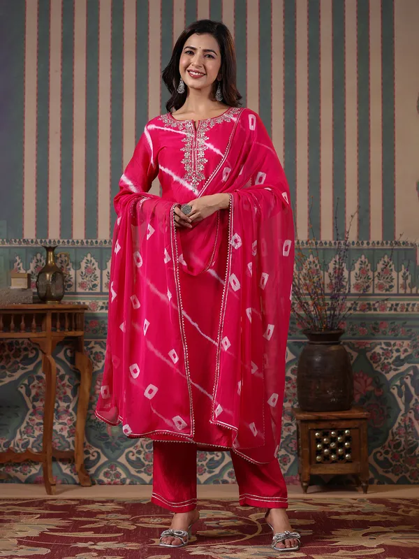 Printed magenta silk kurti set with dupatta