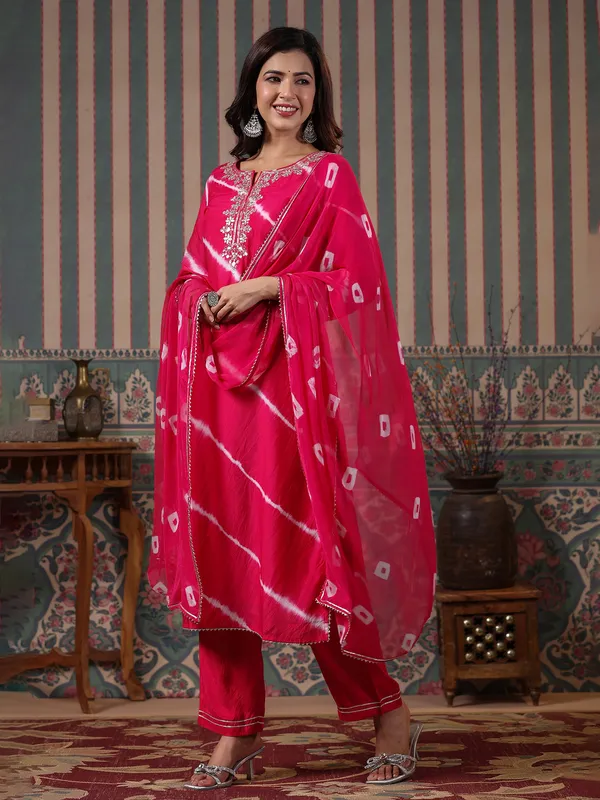 Printed magenta silk kurti set with dupatta