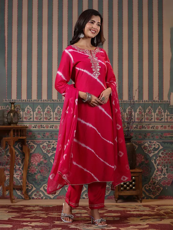 Printed magenta silk kurti set with dupatta