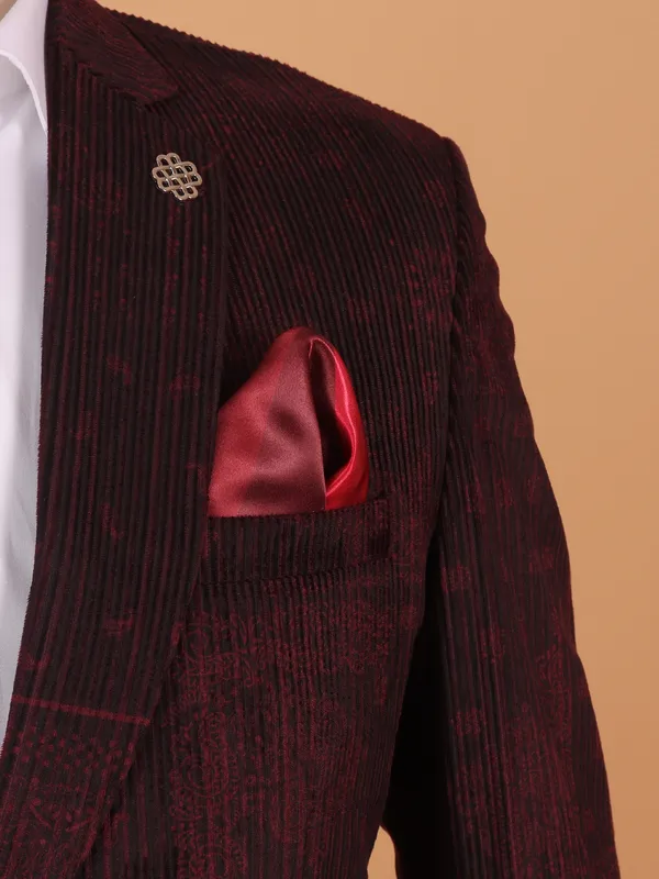 Printed maroon cotton blazer for men