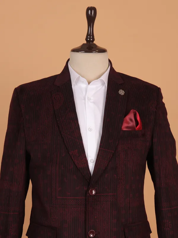 Printed maroon cotton blazer for men