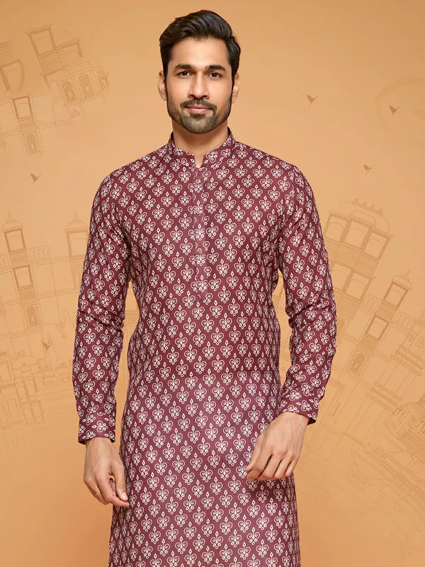 Printed maroon cotton kurta suit for men for festival