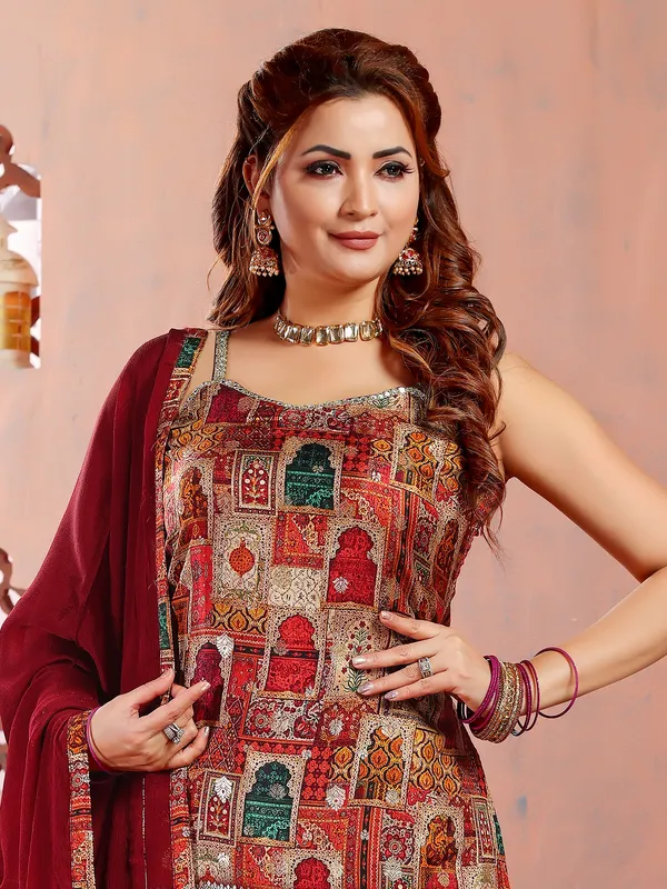 Printed maroon sharara suit in silk