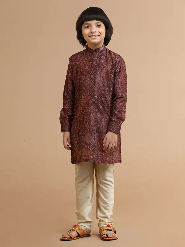 Printed maroon silk kurta suit