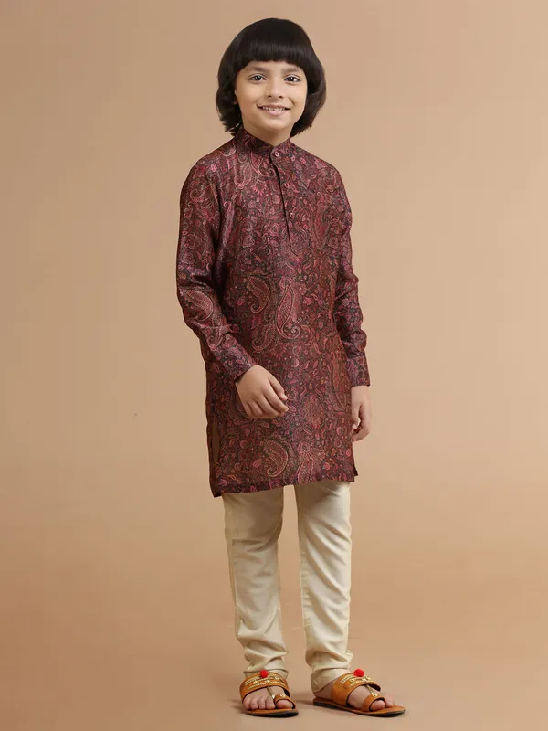 Printed maroon silk kurta suit