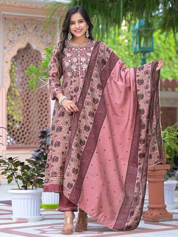 Printed mauve pink crepe kurti set